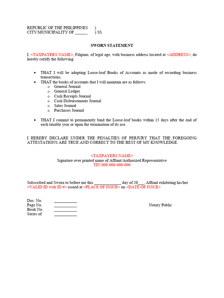 Sworn statement for application of permit to use loose leaf books of
