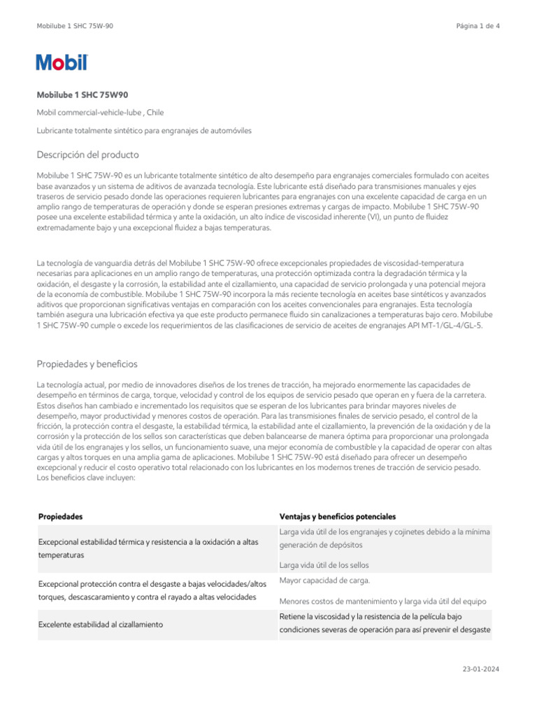 Mobilube 1 SHC 75W-90: Lubricante Sintético | PDF | Lubricante | Engranaje