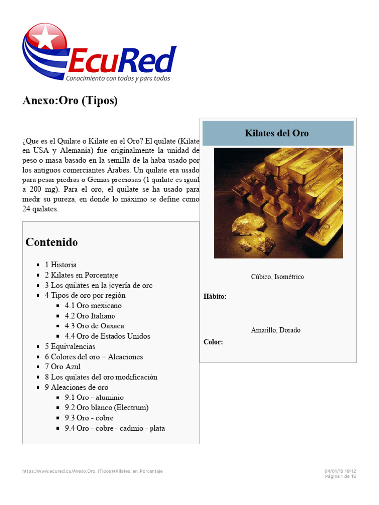 Anexo - Oro Tipos - EcuRed | PDF | Finura | Cobre