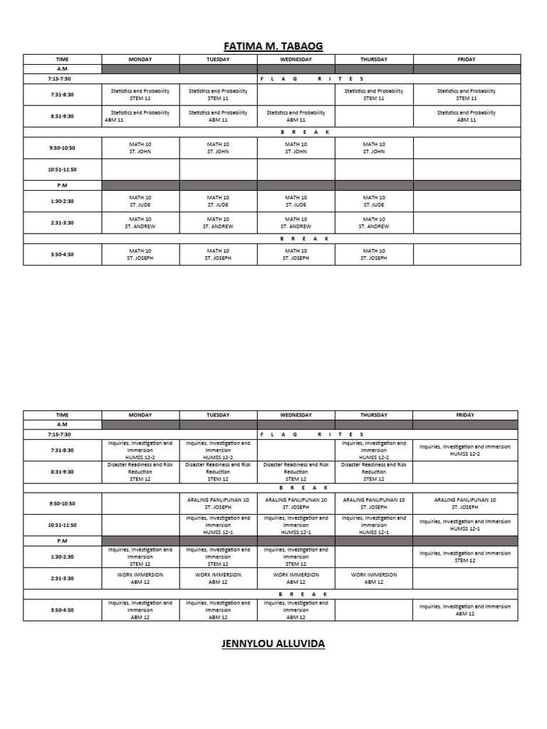 SHS Class Program 2023 2024 Teachers Schedule PDF Observation Science