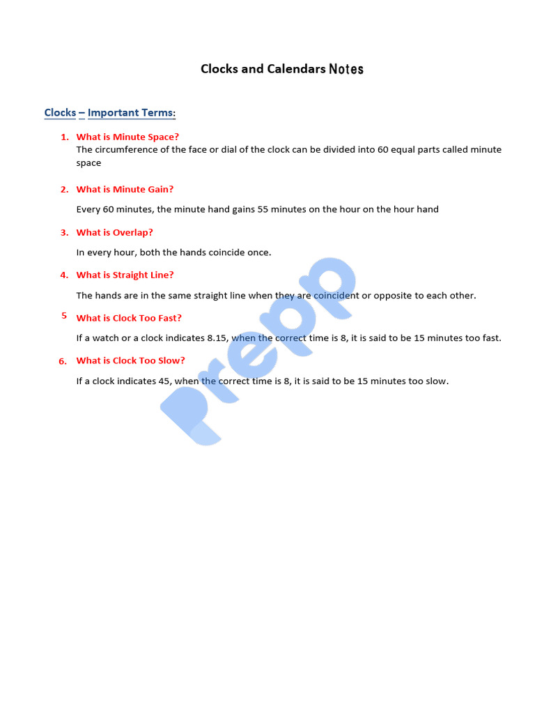 Clocks and Calendars Notes | PDF | Workweek And Weekend | Circle