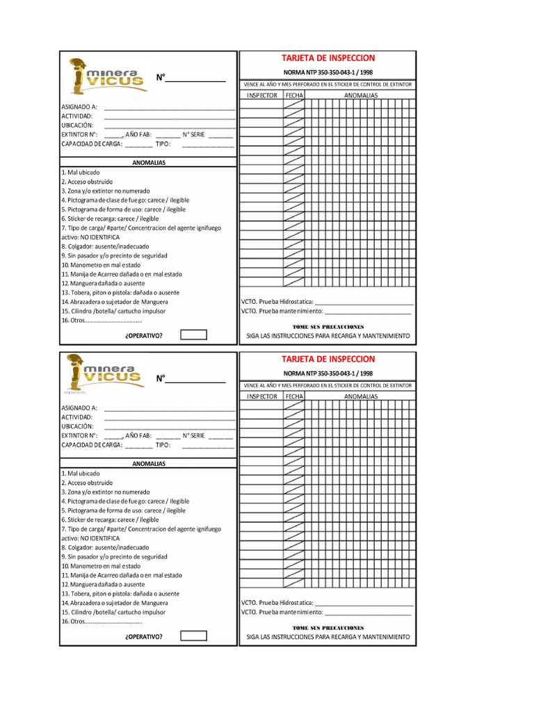 Tarjeta de Inspección Extintor | PDF