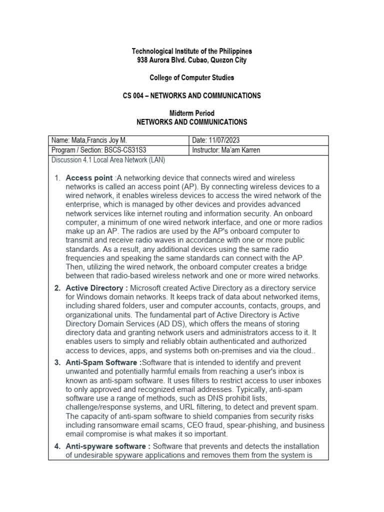 Discussion 4.1 Local Area Network (LAN) | PDF | Computer Network ...