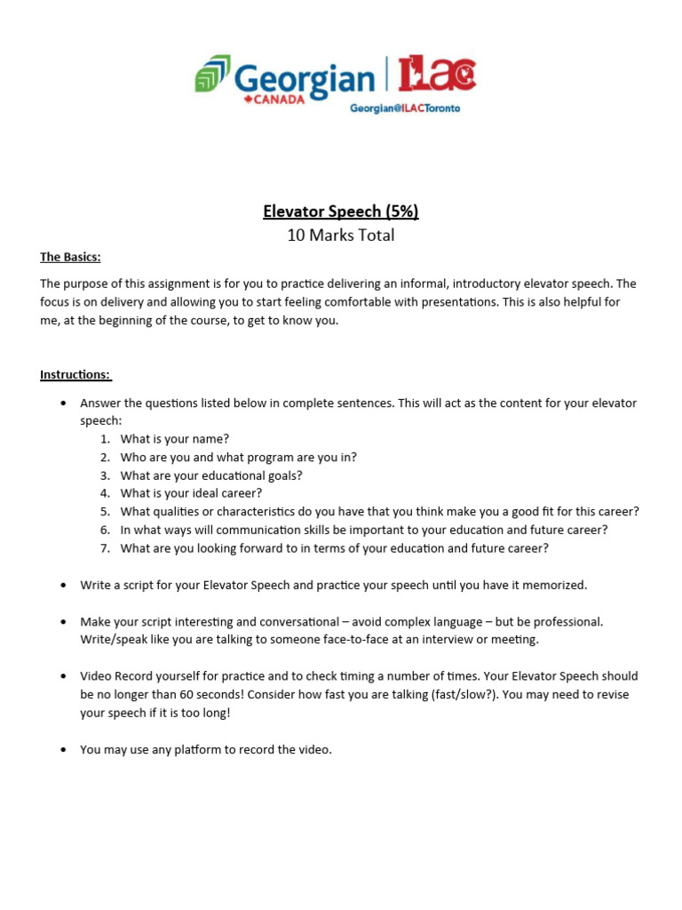 Elevator Speech Assignment 5 Pdf Communication Human Communication