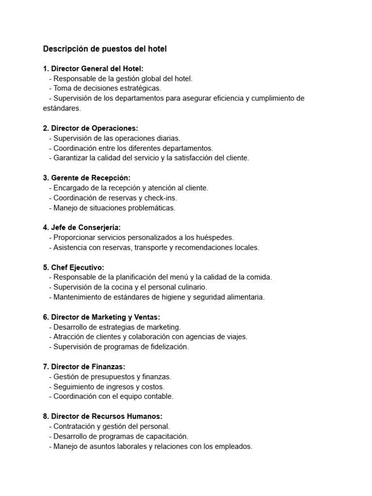 Puestos Clave en Hotel Resort 4* | PDF | Hotel | Marketing