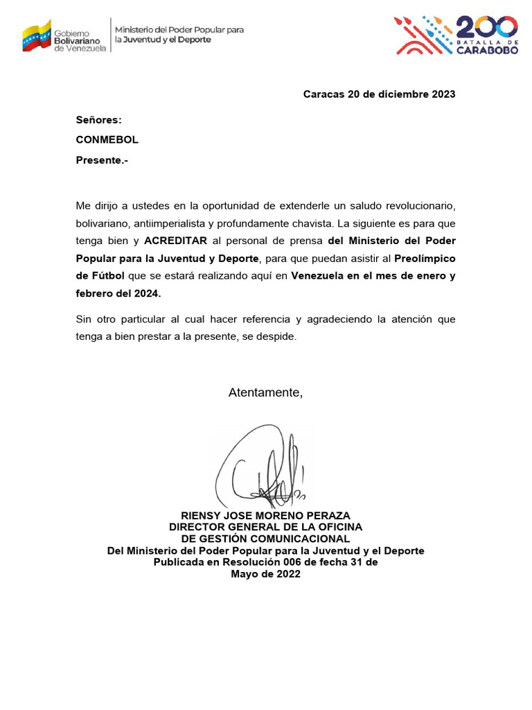 Carta Preolimpico de Futbol 2024 PDF