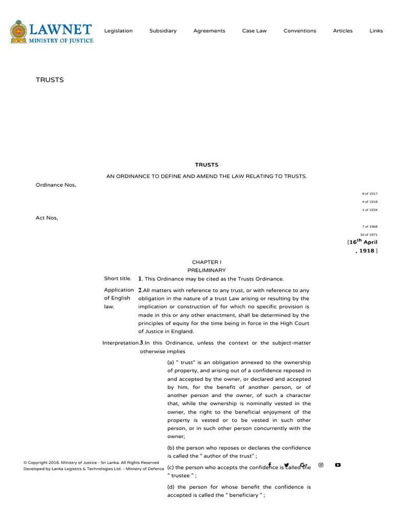 Trusts Ordinance 1918 | PDF | Trust Law | English Trust Law