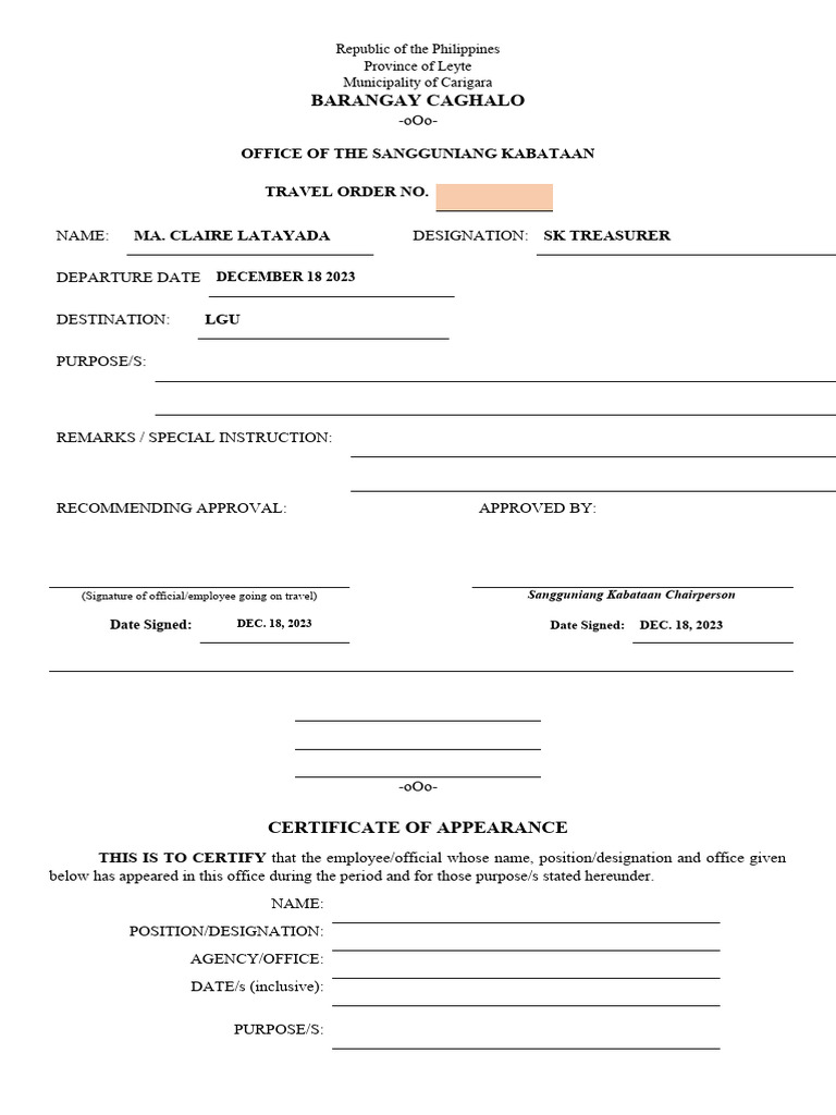 Travel Authority (Template) PDF