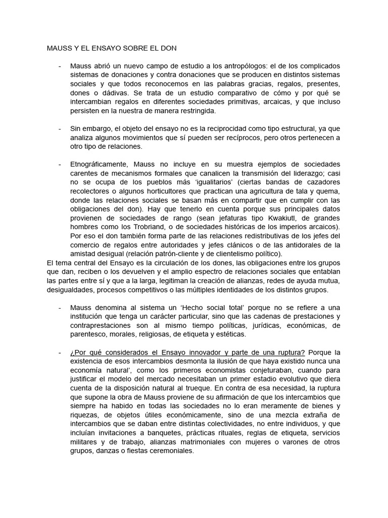 El Don según Mauss: Obligaciones y Circulación | PDF | Sociedad | Moralidad
