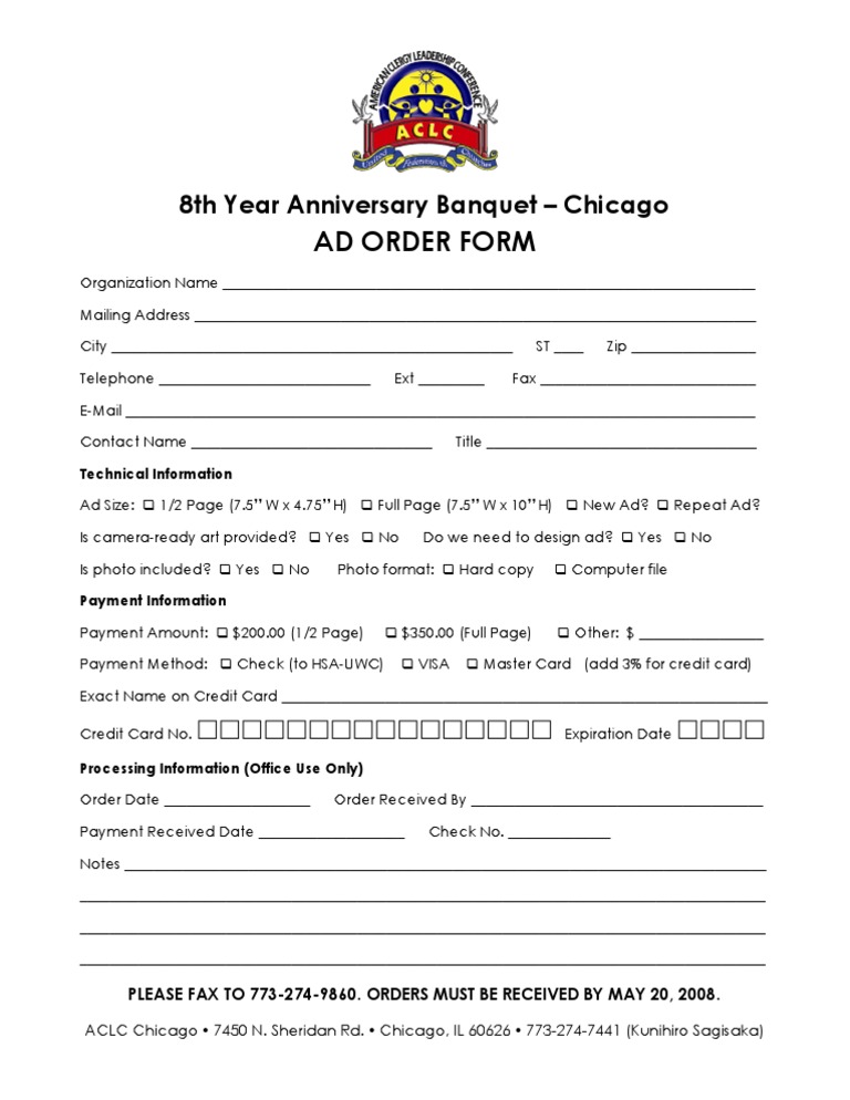 Chicago 8th Anniversary Banquet Ad Form | PDF