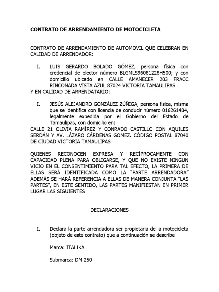 Contrato de Arrendamiento de Motocicleta | PDF | Justicia | Crimen y ...
