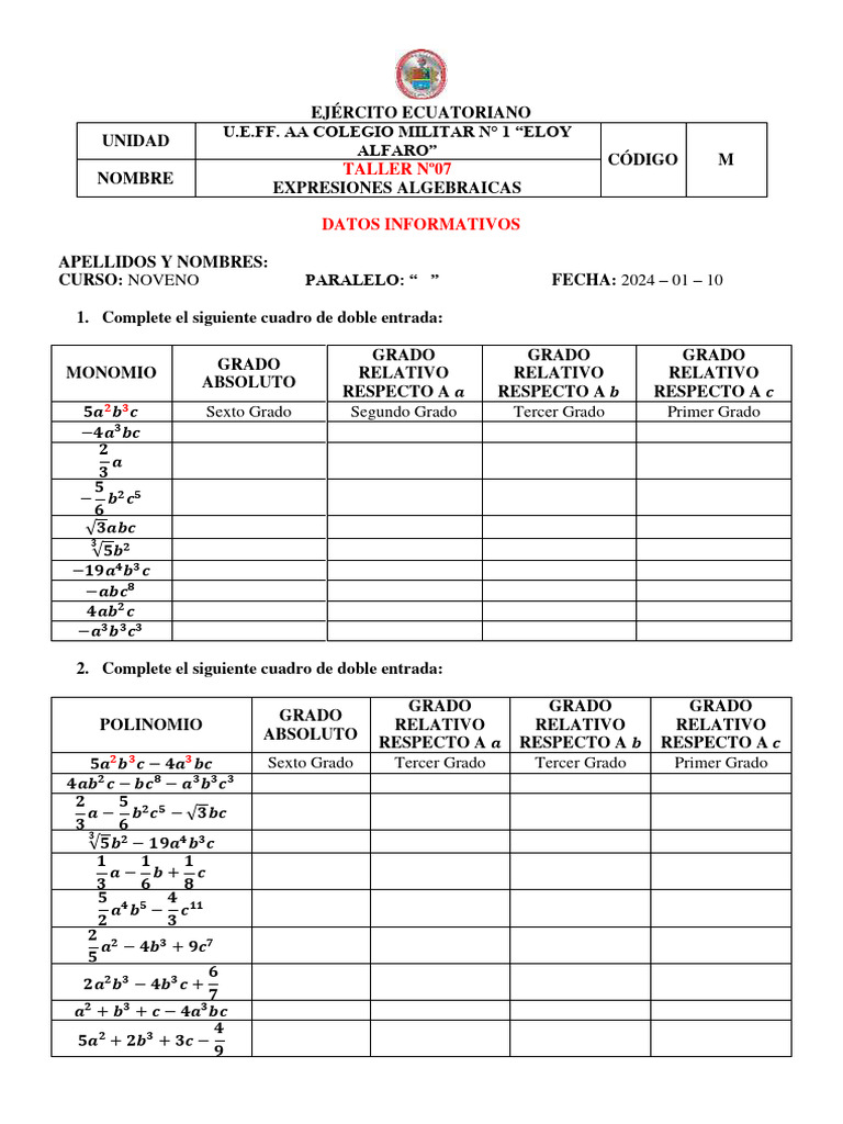 Taller de Expresiones Algebraicas | PDF | Matemáticas Aplicadas ...