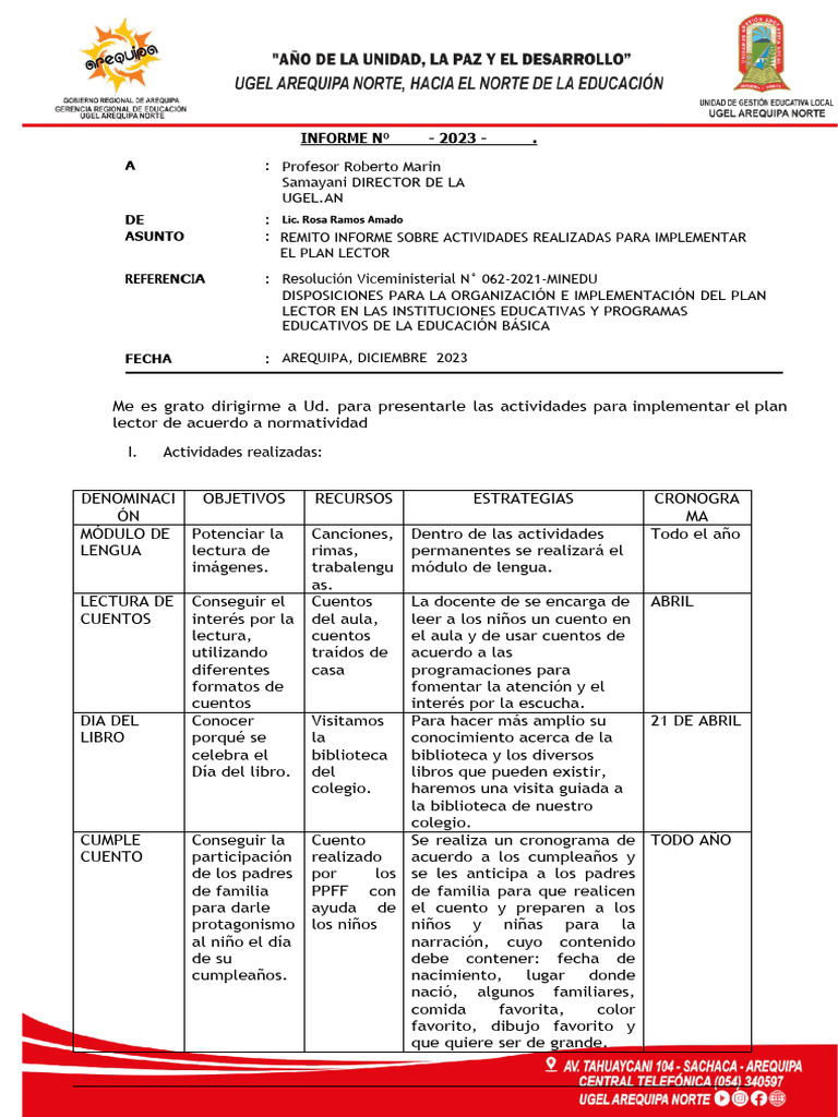 Informe Plan Lector Fin De Año Pdf