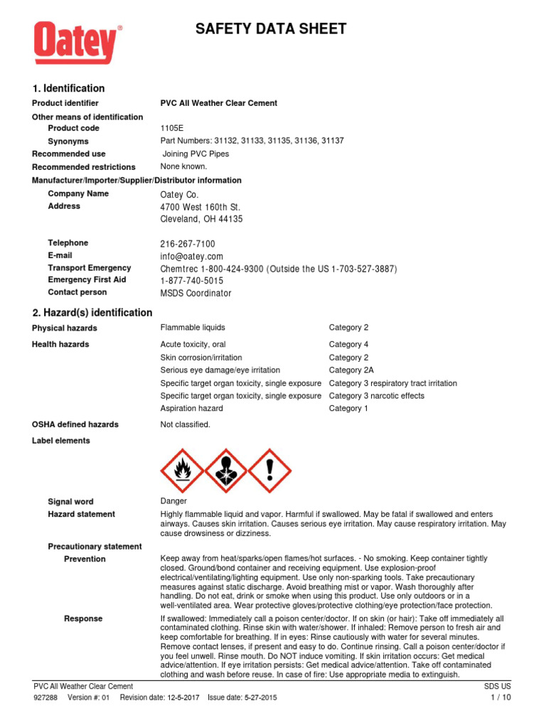 Raw 01 PVCAllWeatherClearCement SDS 001 | PDF | Personal Protective ...