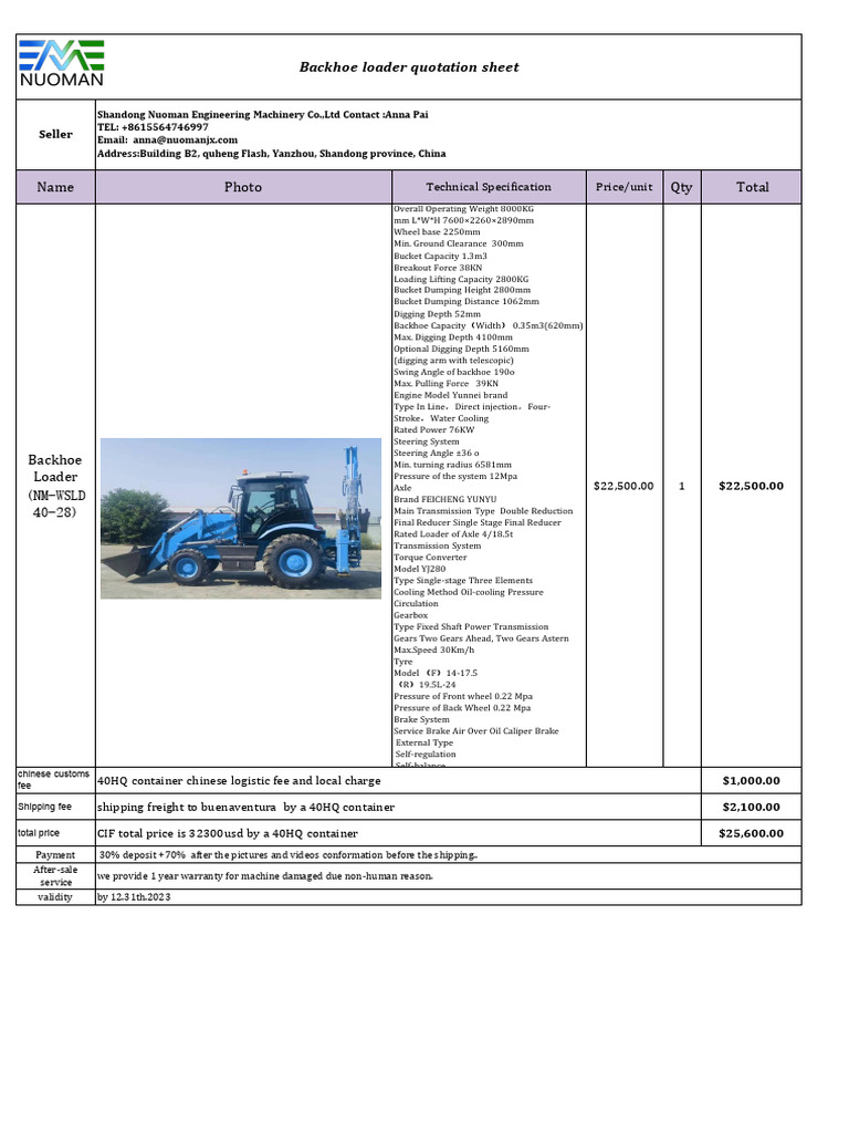 Backhoe Loader Quotation Sheet PDF Loader (Equipment) Axle