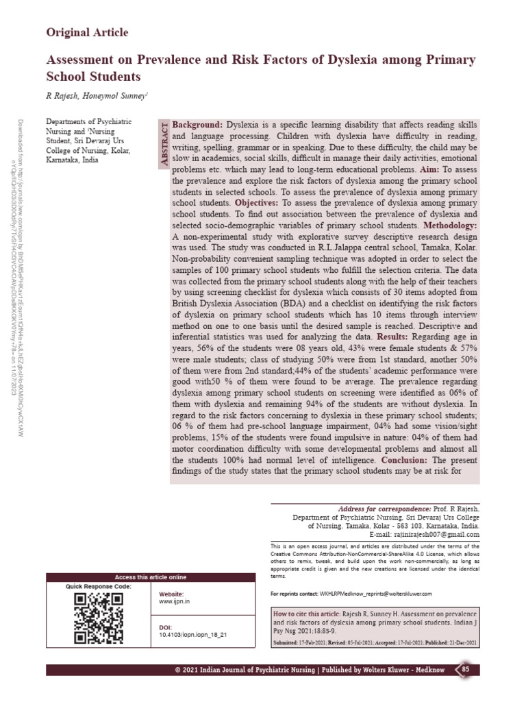 Assessment On Prevalence and Risk Factors Of.5 | PDF | Dyslexia ...