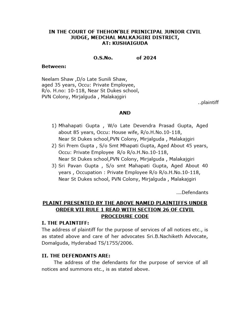 Partition Suit Neelam Shaw at Malkajgiri Court PDF Lawsuit