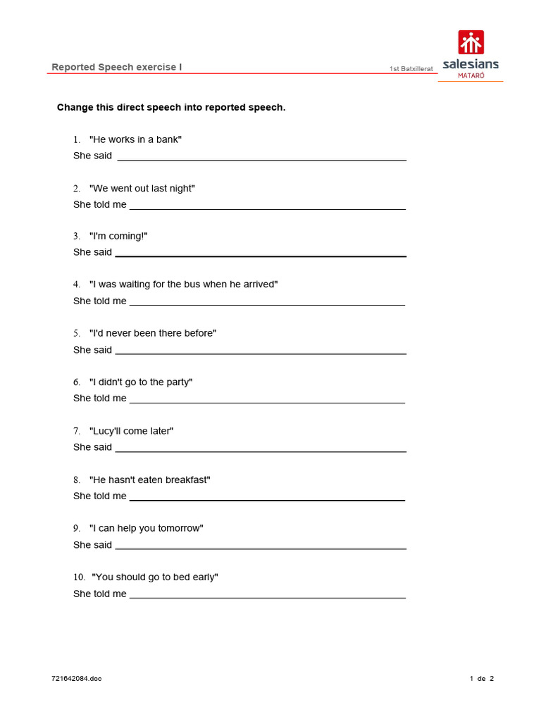 Reported Speech Exercise for Students | PDF