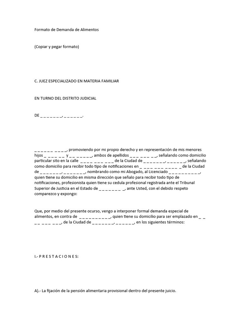 Formato de Demanda de Alimentos | PDF | Demanda judicial | Estado