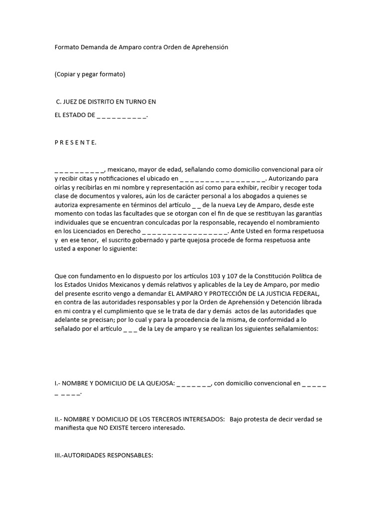 Formato Demanda de Amparo Contra Orden de Aprehensi+ N | PDF ...