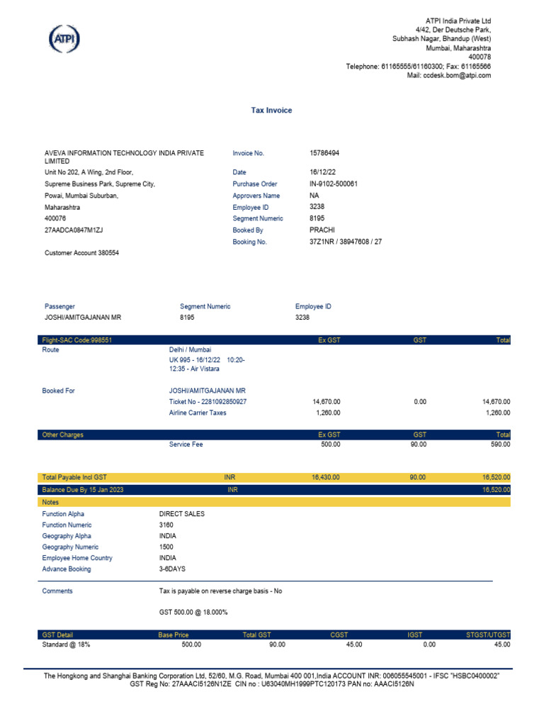 Tax Invoice: Flight-SAC Code:998551 Ex GST GST Total | PDF | Invoice ...