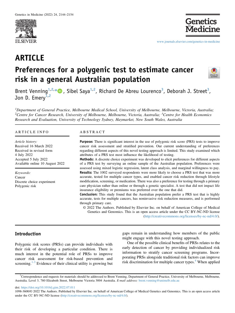 Preferences For A Polygenic Test To Estimate Cancer Risk I - 2022 ...