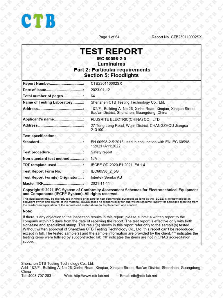 TG209 - EN 60598-2-5 - CE-LVD - 报告 | PDF | International ...