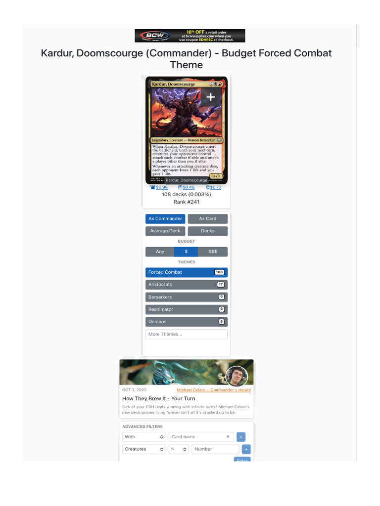 Kardur, Doomscourge Budget Forced Combat Theme EDHREC PDF
