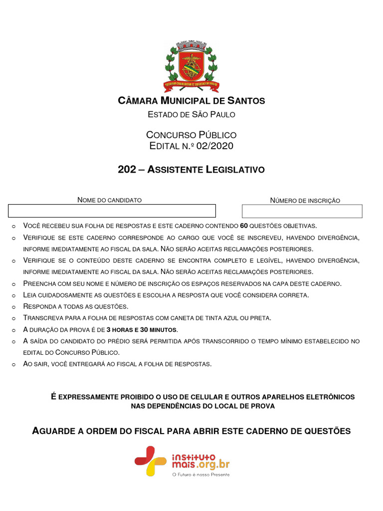 Instituto Mais 2022 Camara de Santos SP Assistente Legislativo Prova ...