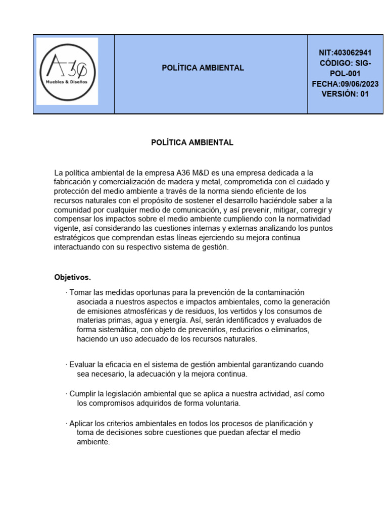 Política Ambiental de A36 M&D | PDF | Entorno natural | Sistema de ...