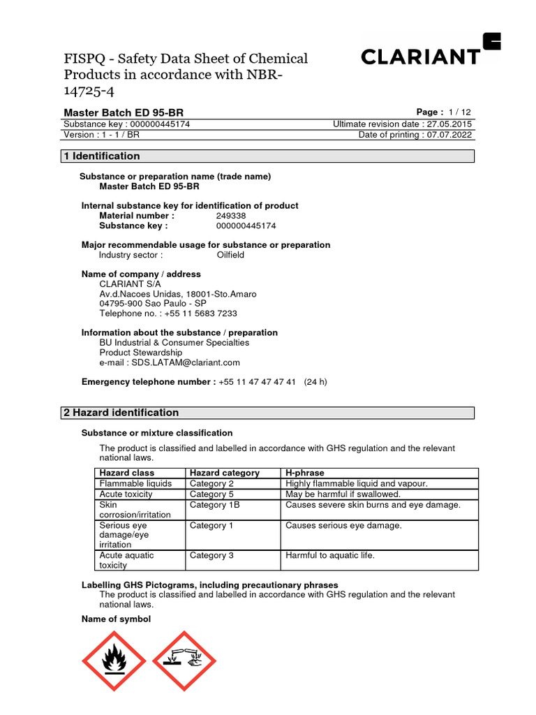 Clariant SDS Master Batch ED 95 BR Brazil English Download Free PDF Toxicity Dangerous Goods