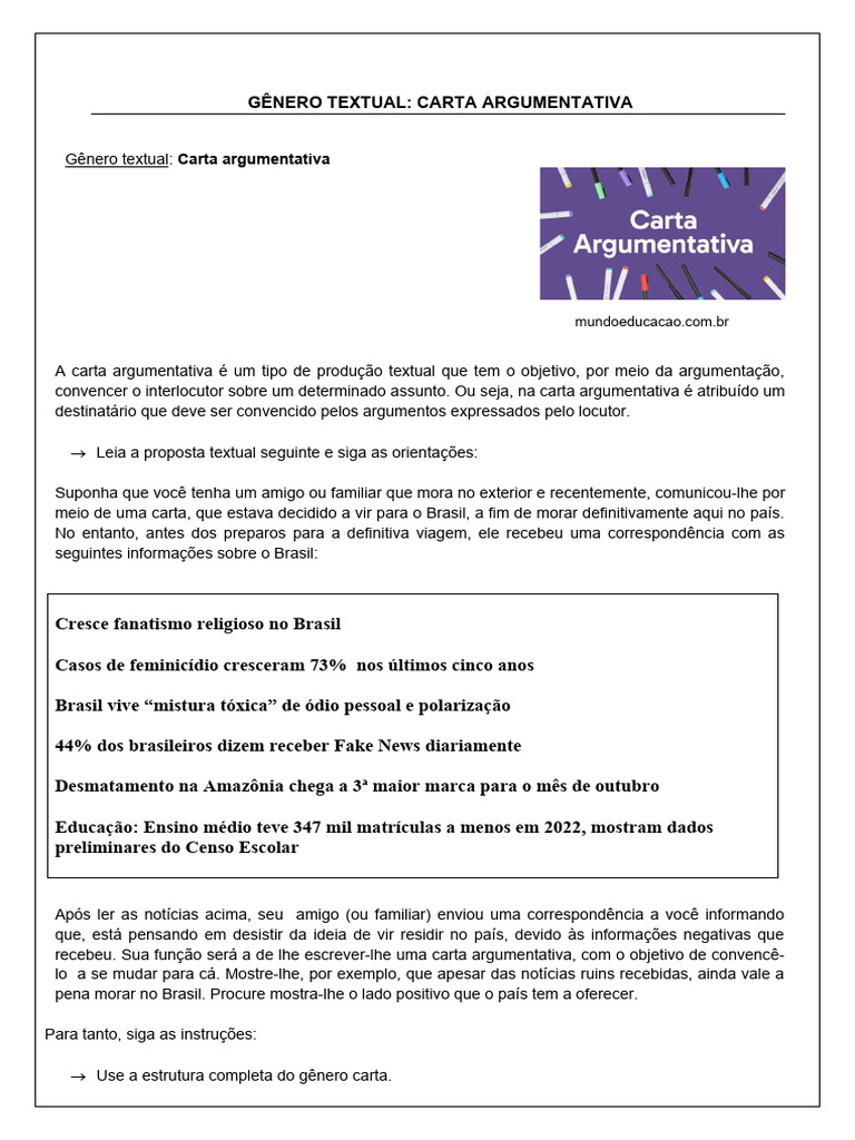 Carta Argumentativa - 7º Ano | PDF | Brasil