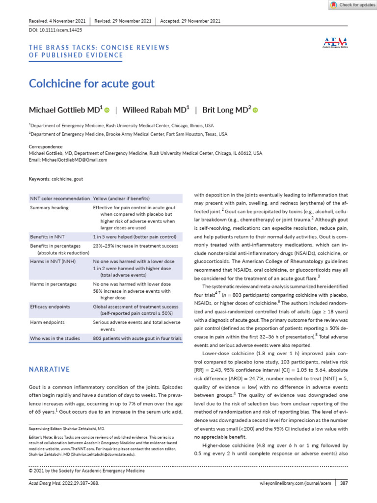 Academic Emergency Medicine - 2021 - Gottlieb - Colchicine For Acute ...