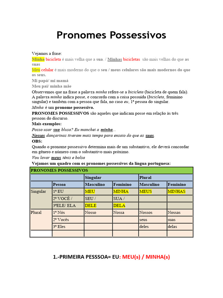 Pronomes Possessivos | Download grátis PDF | Pronome | Número gramatical