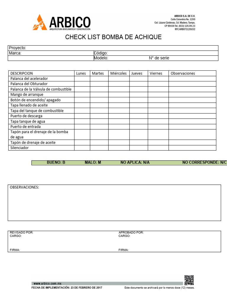 Bomba Achique Check List Editable | PDF
