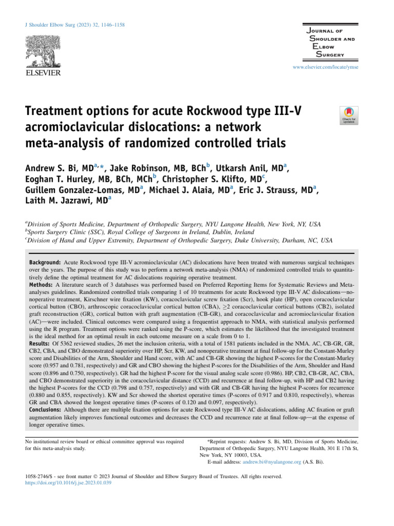 Treatment Options For Acute Rockwood Type IIIV Acromioclavicular