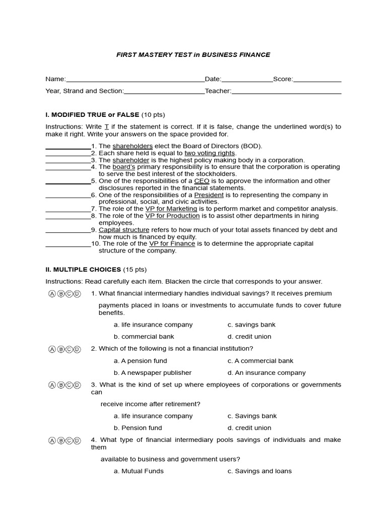 First Mastery Test in Business Finance | PDF | Financial Markets | Business