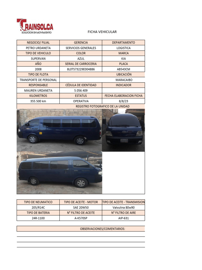 Ficha Vehicular Van 003 | PDF