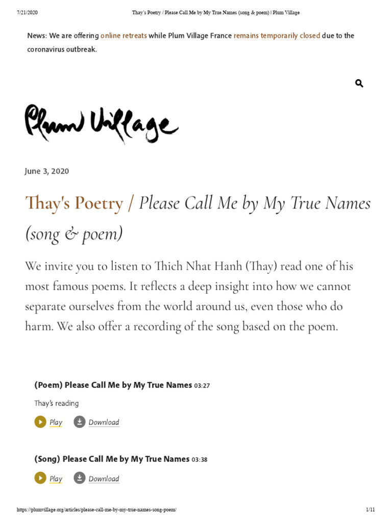 Thich nhat hanh please call me by my true names song poem plum