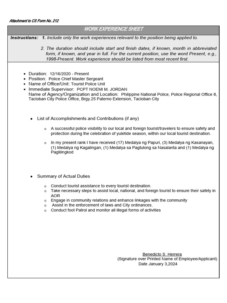 Work experience sheet cs form no212 pdf