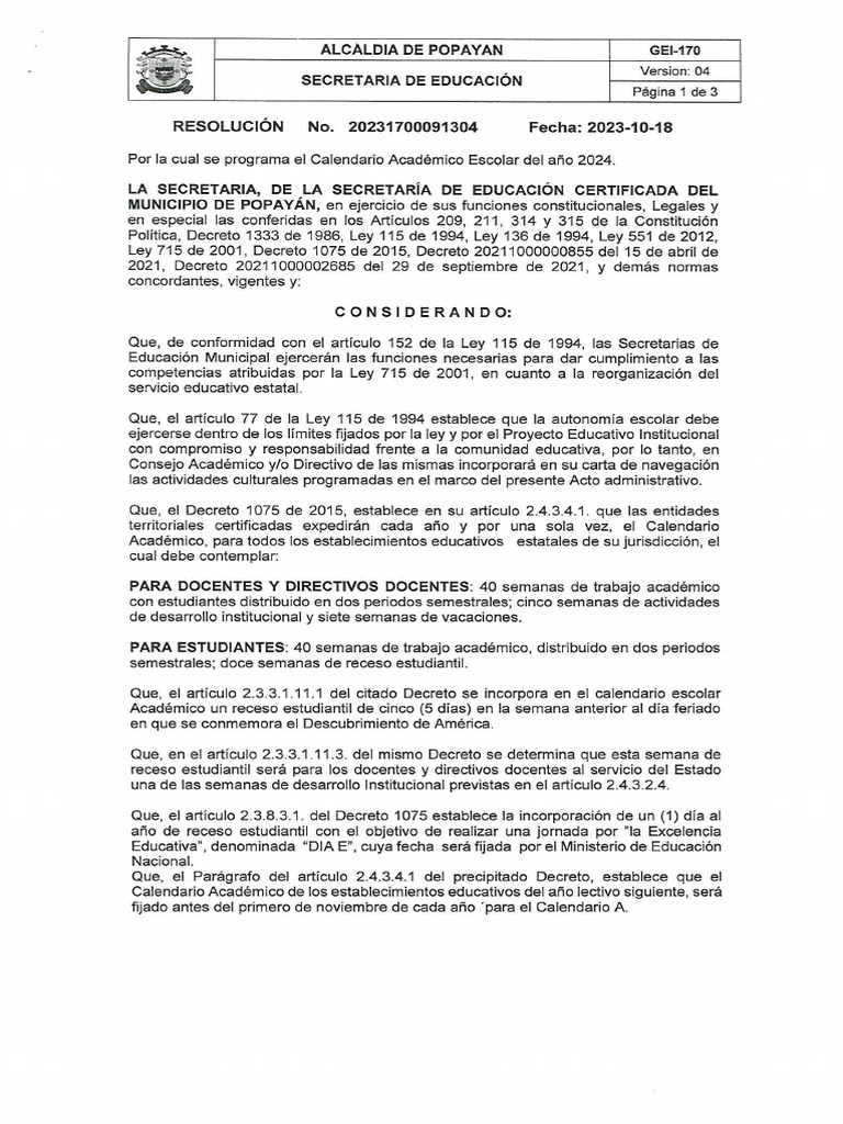 Calendario Escolar 2024 IE Publicas PDF