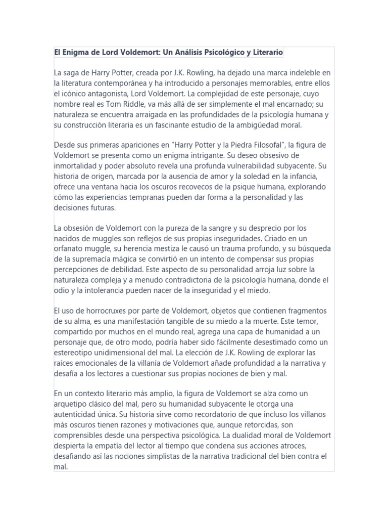 Análisis Psicológico de Voldemort | PDF