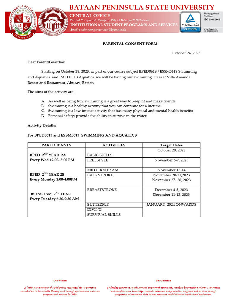 Swimming and Aquatics Parental Consent PDF Swimming (Sport