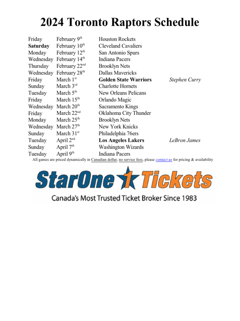 Toronto Raptors Schedule PDF