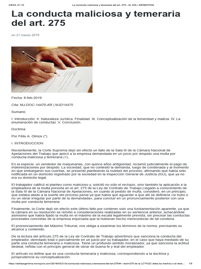 Conducta Maliciosa y Temeraria en LCT 275 | PDF | Ley procesal ...