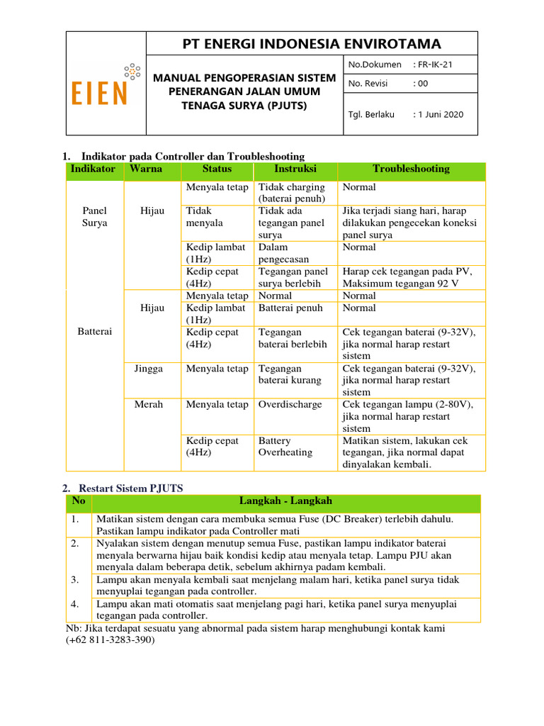 Manual Operasional PJUTS Tenaga Surya | PDF