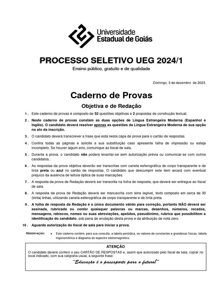 Caderno Prova PS Ueg 20241 PDF Gene