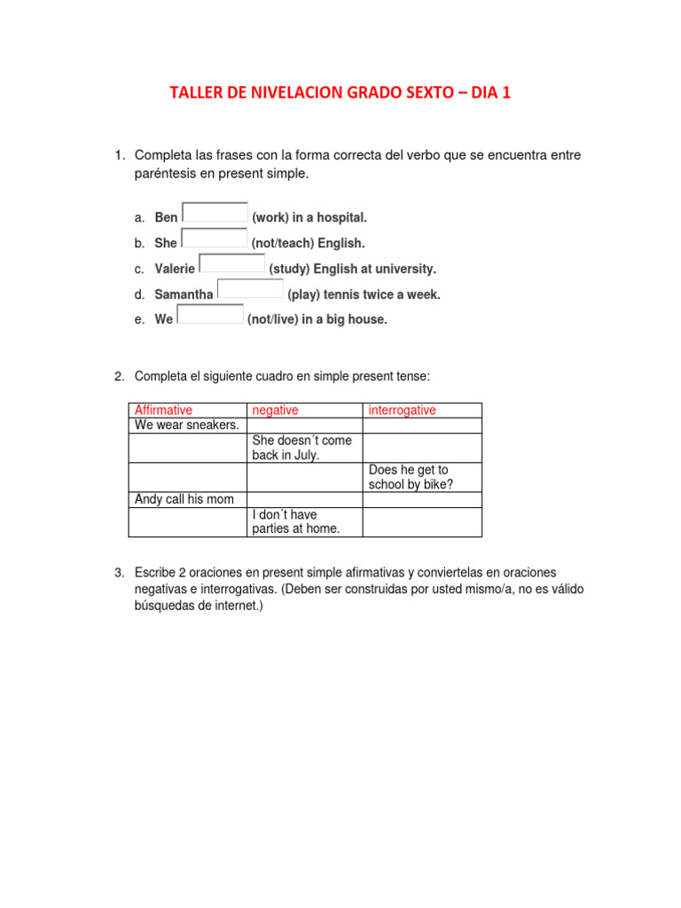 Taller de Inglés para Sexto Grado | PDF