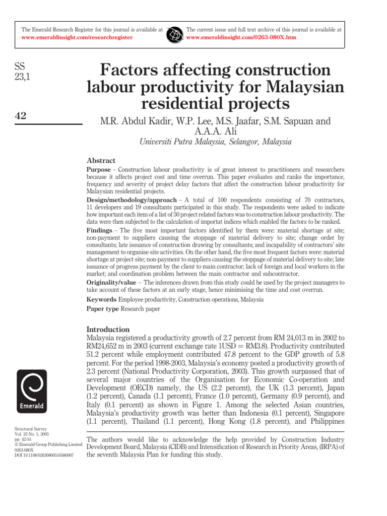 Factors Influencing Malaysian Construction Productivity | PDF ...