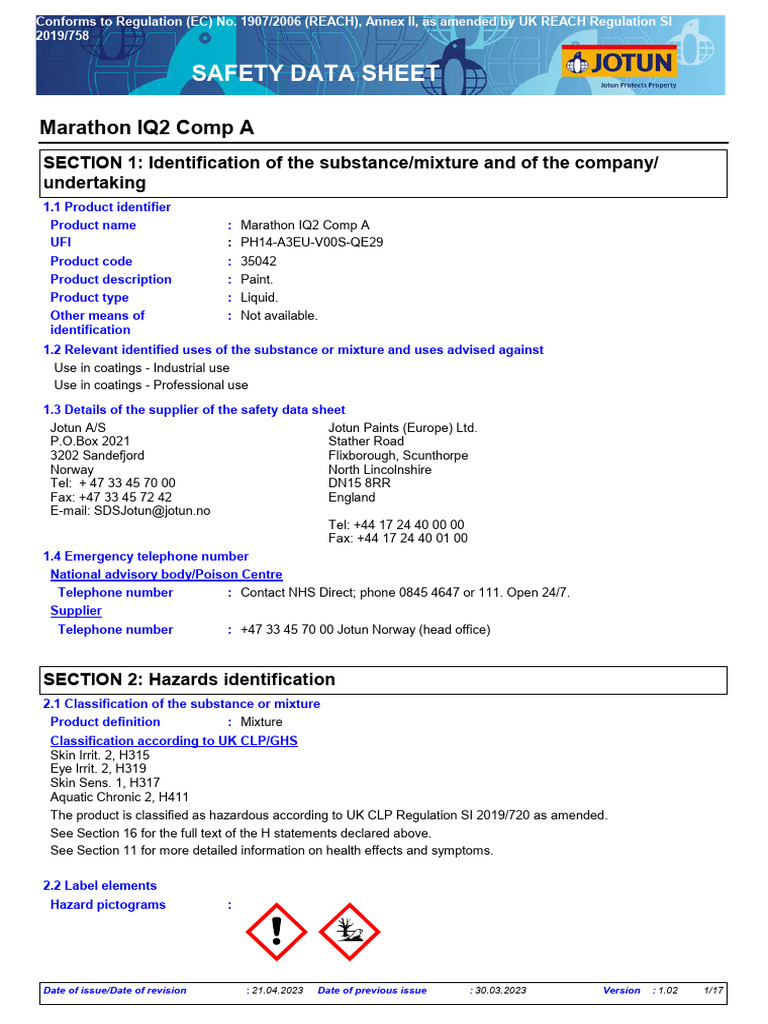 Marathon IQ2 Comp A Safety Data Sheet | PDF | Chemical Reactions | Epoxy